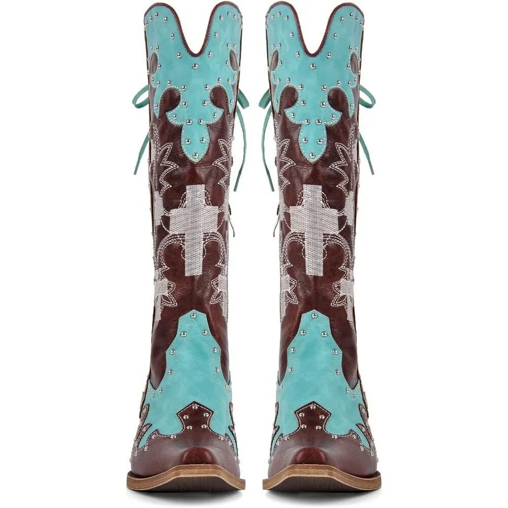 Women's Brown Embroidered Knee High Studded Two-Tone Pathwork Cowboy Boots